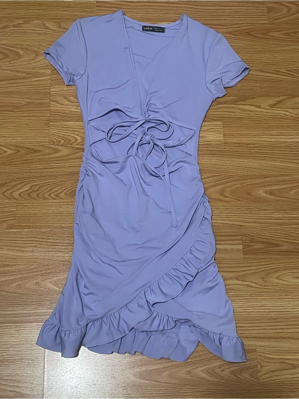SHEIN Lavender Ruched Tie-Front Ruffle Midi Dress